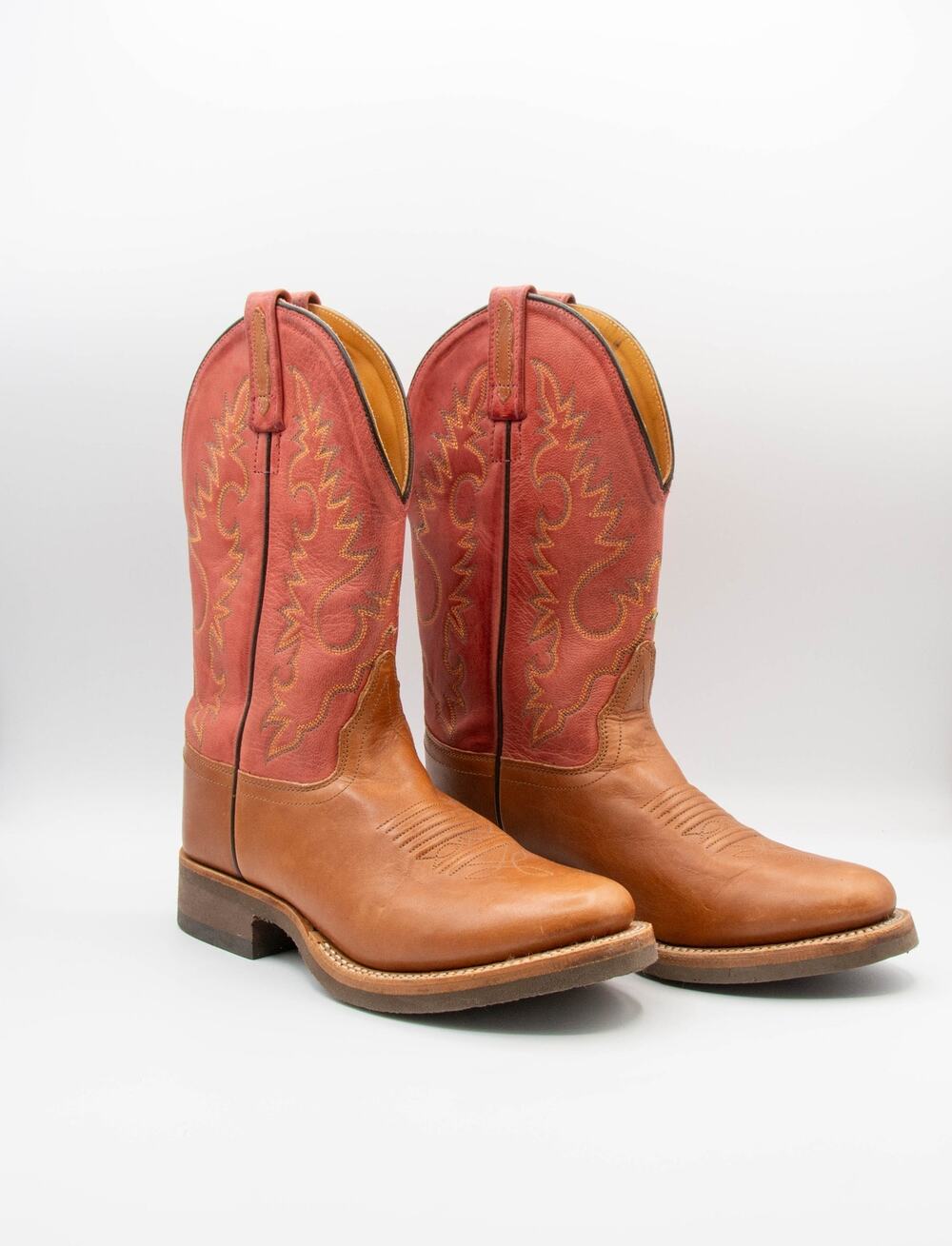 OLD WEST Womens Cowboy Boots 7 Square Toe Leather Red Tan Western Cowgirl